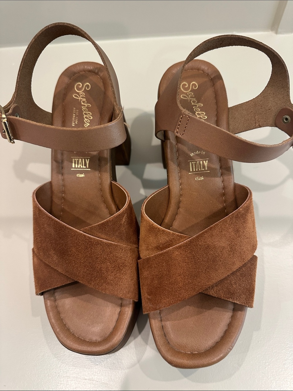 Seychelles Chestnut Suede Crisscross Block Heel Sandals